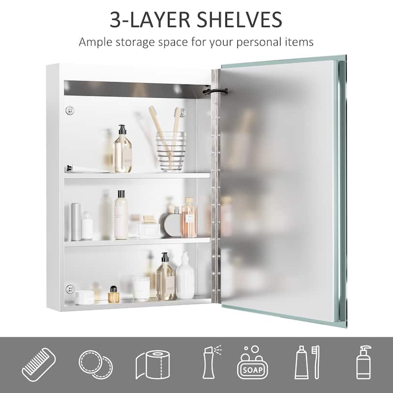 kleankin Dimmable LED Lighted Medicine Cabinet with Mirror, Wall-mounted Bathroom Cabinet w/ 3-tier Storage Shelves Smart Touch