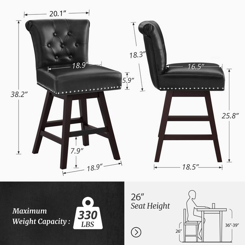 26 in. Set of 2 Bar Stools Counter Height Barstool 360° Swivel with Curved Backrest