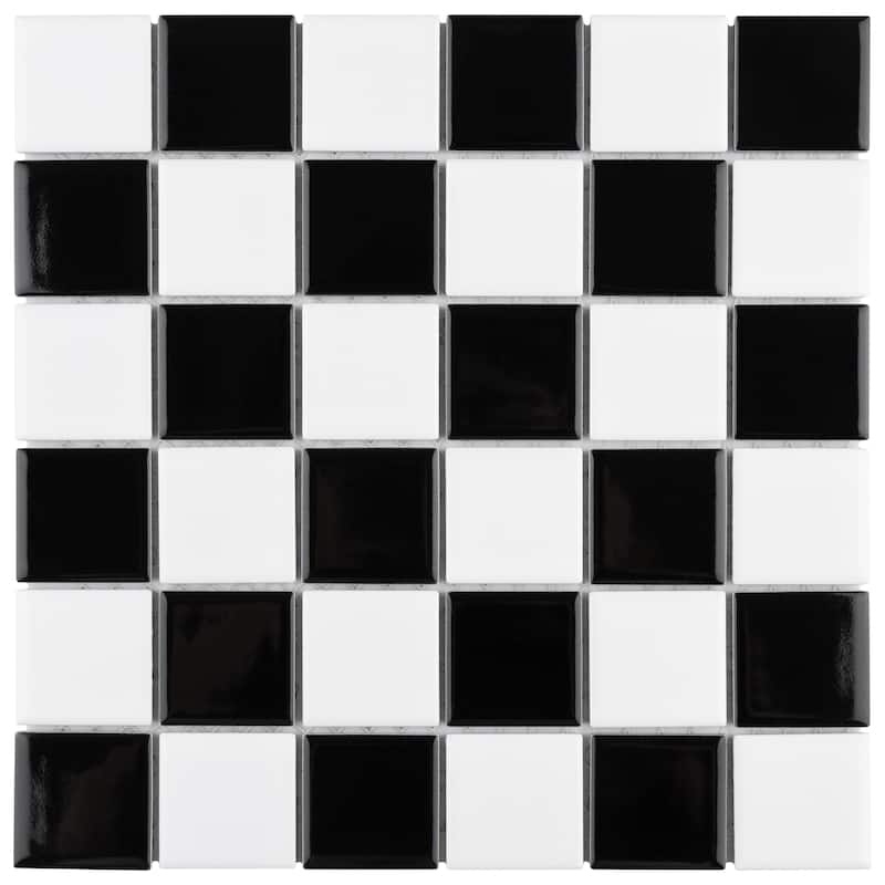 Merola Tile Metro Quad Checkerboard Glossy Black and White 11-3/4" x 11-3/4" Porcelain Floor and Wall Tile
