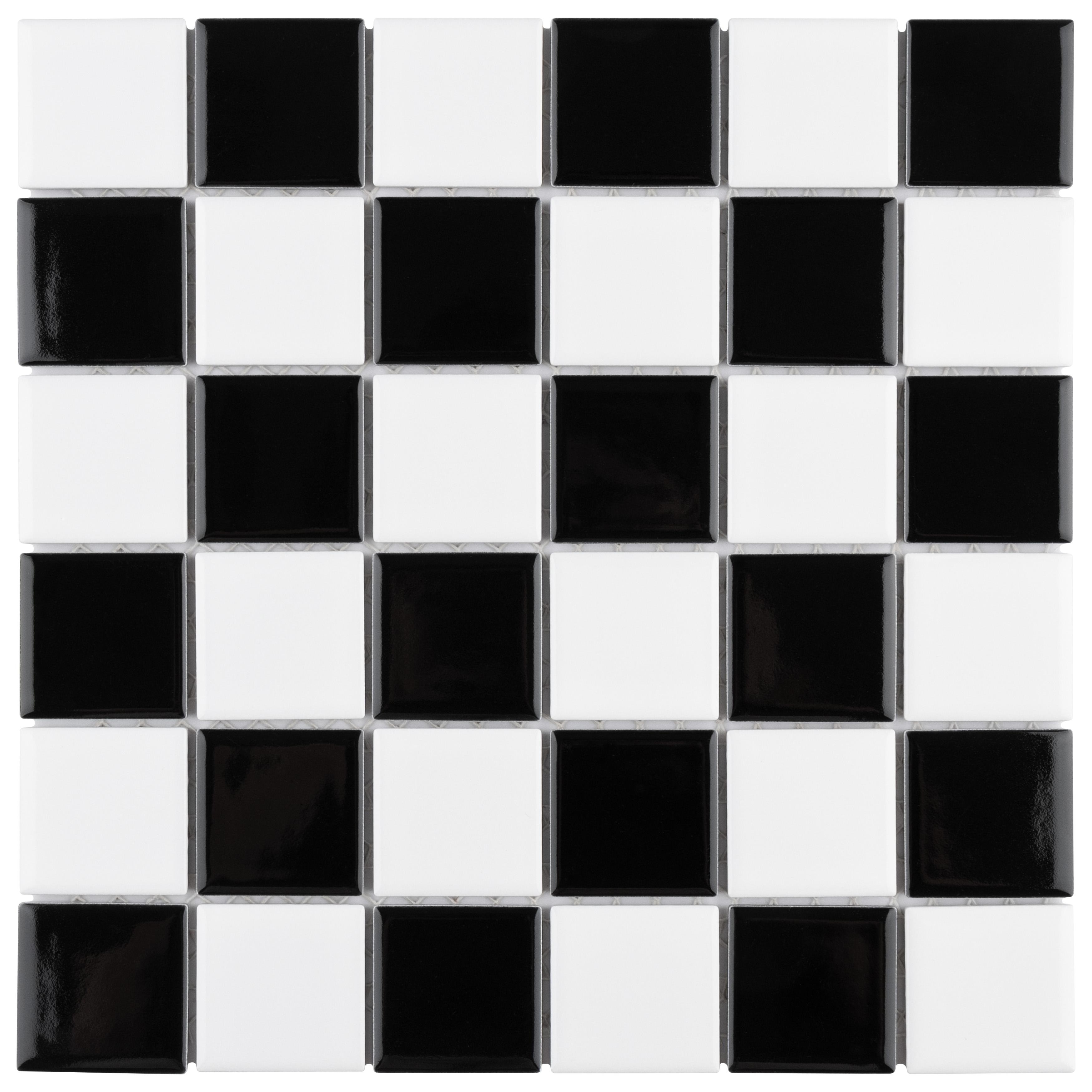 Merola Tile Metro Quad Checkerboard Glossy Black and White 11-3/4" x 11-3/4" Porcelain Mosaic Floor and Wall Tile