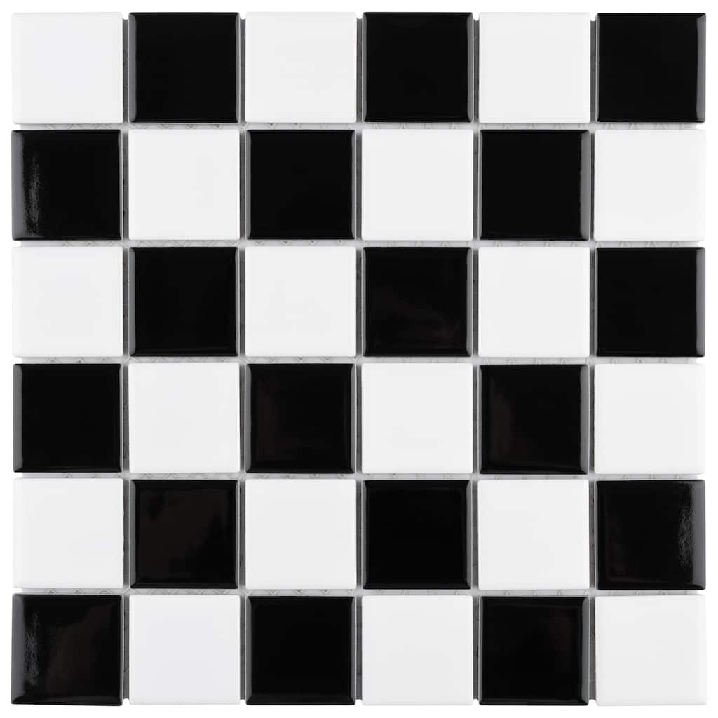 Merola Tile Metro Quad Checkerboard Glossy Black and White 11-3/4" x 11-3/4" Porcelain Mosaic Floor and Wall Tile