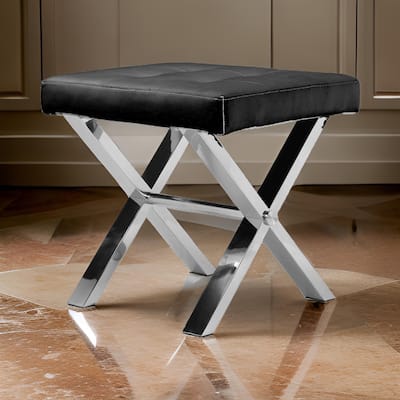 Tia 20 Inch Accent Stool Ottoman, Black Faux Leather, Polished Chrome Legs