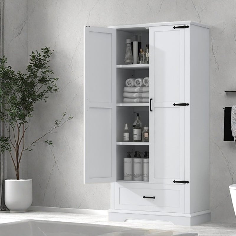 Tall Bathroom Storage Cabinet with 2 Doors and 1 Drawer, Freestanding MDF Linen Cabinet with Adjustable Shelves