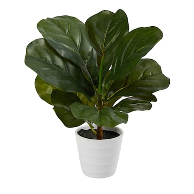 11" Fiddle Leaf Artificial Plant in White Planter (Real Touch) - 3.25"