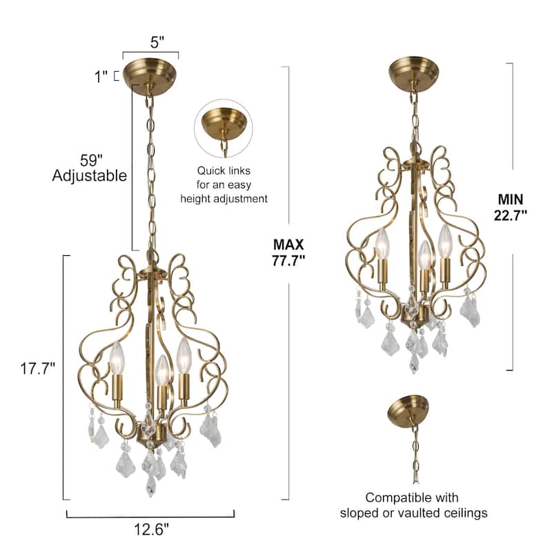 Modern S-shape Gold 3-lights Chandeliers Hanging Crystal Pendant Light for Dining room,Bedroom - W13"xH17.7"