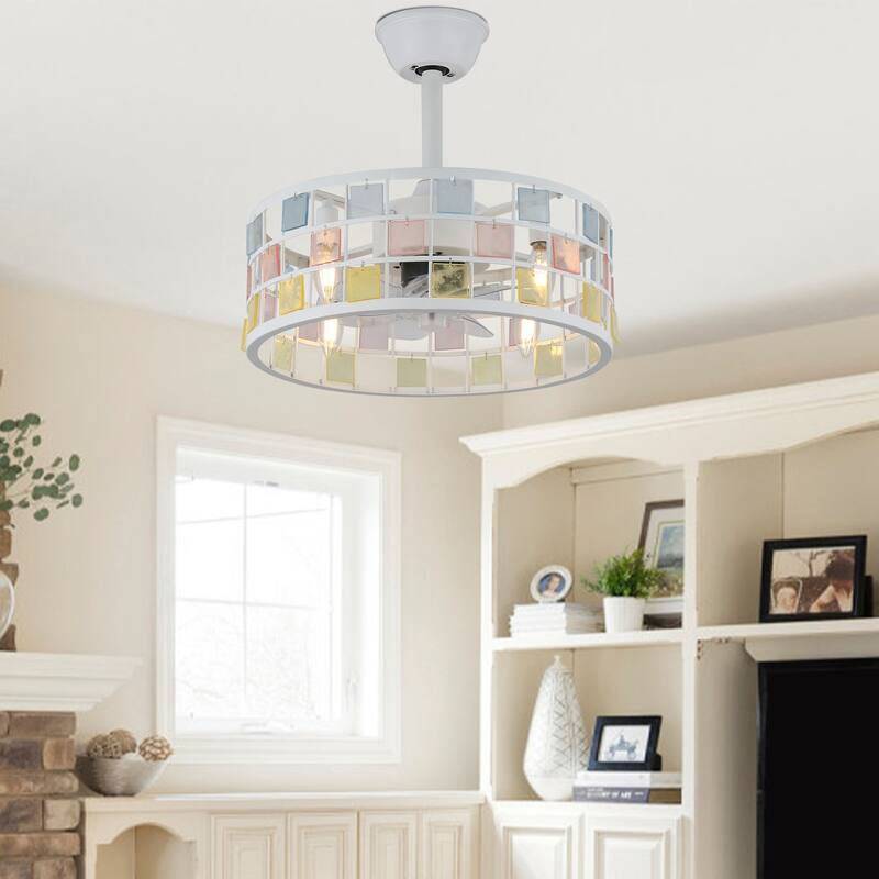 Oaks Aura Coronel 18in. DIY Tiffany Stained Glass Modern Ceiling Fan with Lights, Industrial 3-Speed Caged Ceiling Fan w/Remote