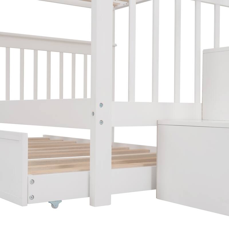 Full Pine Bunk Bed with Trundle and Storage Stairs