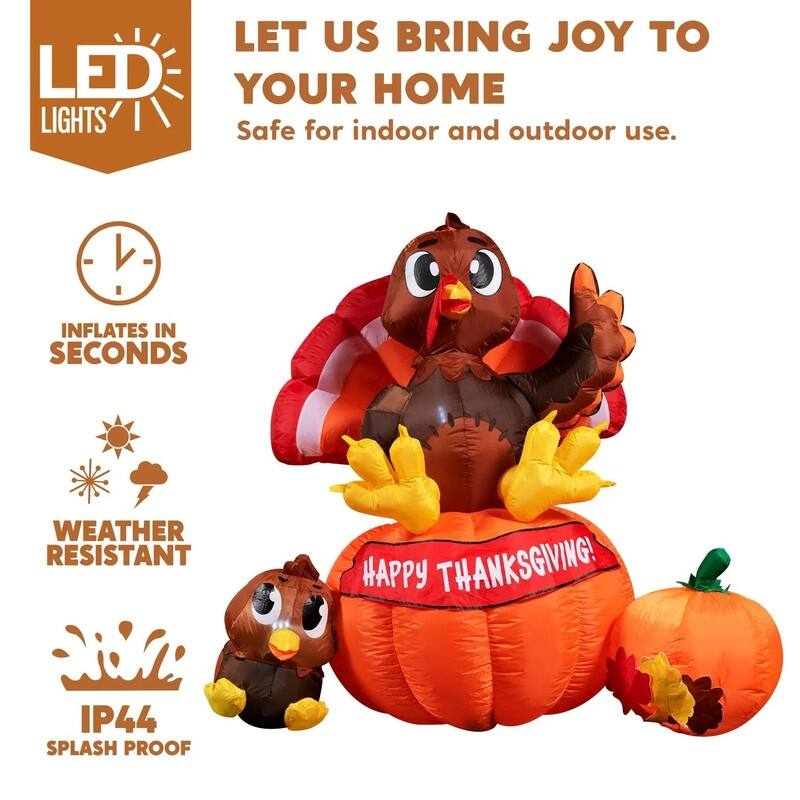 6 ft. Tall Brown, Yellow & Red Plastic Turkey on Pumpkin Inflatable