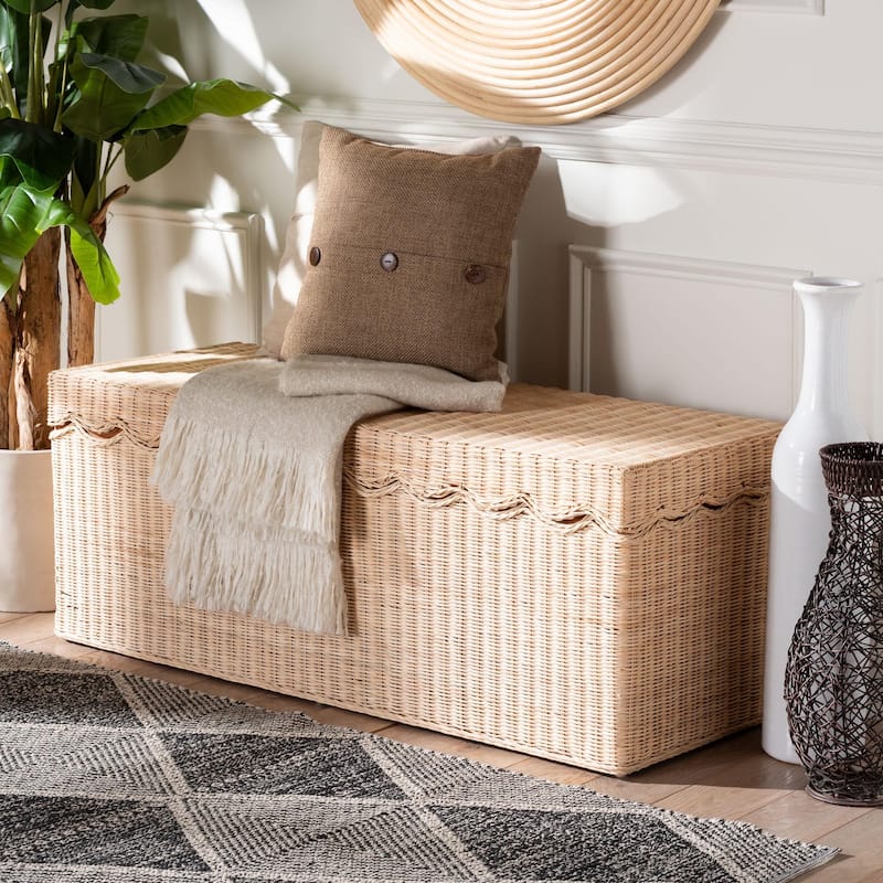 Damita Scallop Natural Rattan Chest with Lift-top - Coastal Boho Style Storage Bench for Bedroom, Entryway, or Living Room
