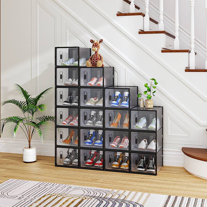 18-Pack Black Stackable Shoe Storage Boxes and Breathable Plastic Grid for Closet or Home - 35 x 25 x 19 cm