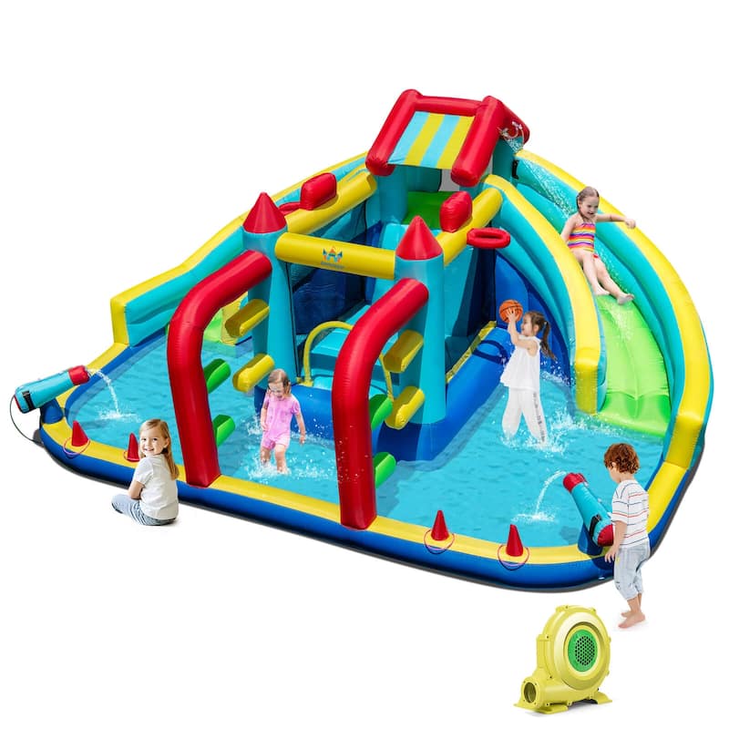 Costway Inflatable Water Park with Climbing Wall Splash Pool Water - Multi-Colored - With 735 blower