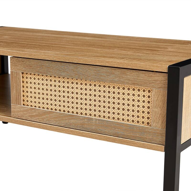 40.16" Coffee Table with Rattan Decorative Doors,Sliding door with Metal Legs,2 Colors