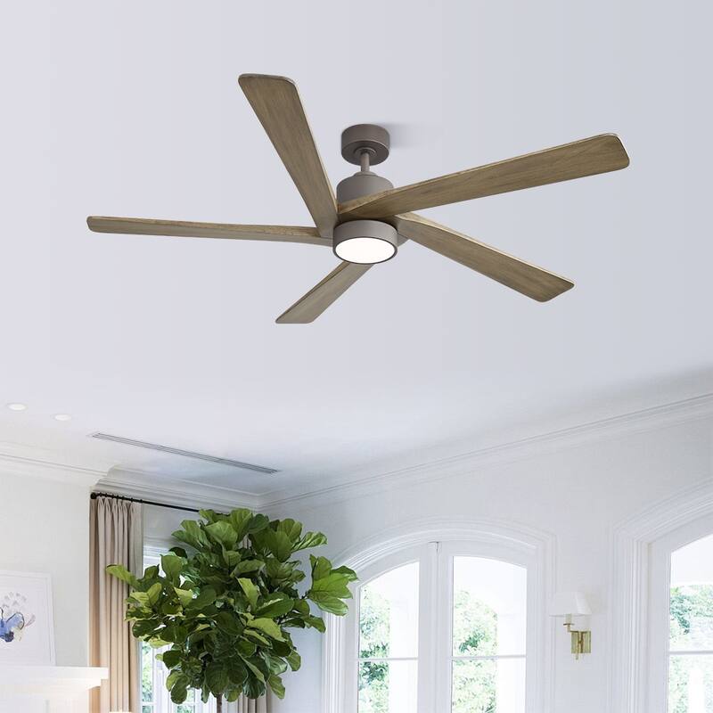 WINGBO 54 DC Ceiling Fan with Lights and Remote Control, 5 Reversible Carved Wood Blades - Charcoal gray and Charcoal wood grain color