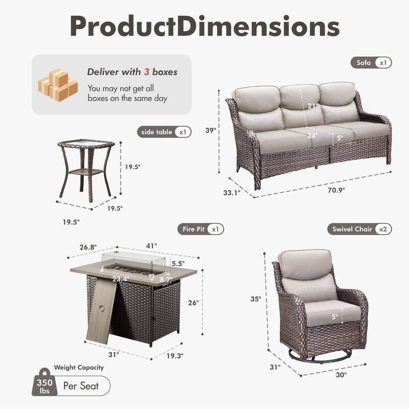 Meyreso 5-Piece Outdoor Patio Wicker Fire Pit Conversation Set with 5-Inch Thick Olefin Cushions