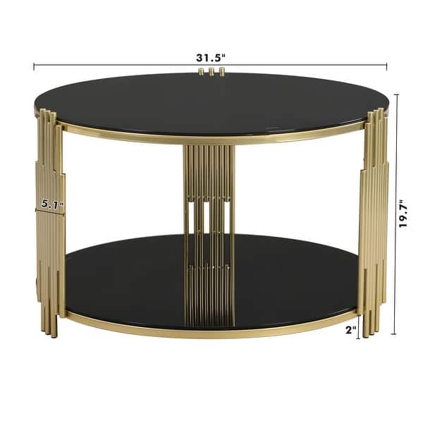 dimension image slide 1 of 3, Modern Black Mirror Coffee Table with Gold Finish & Lower Shelf by Harper&Bright Designs