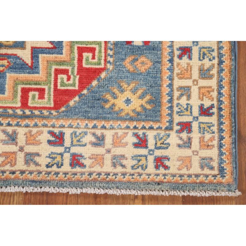 Light Blue Kazak Accent Rug Handmade Wool Carpet - 2'7" x 4'3"
