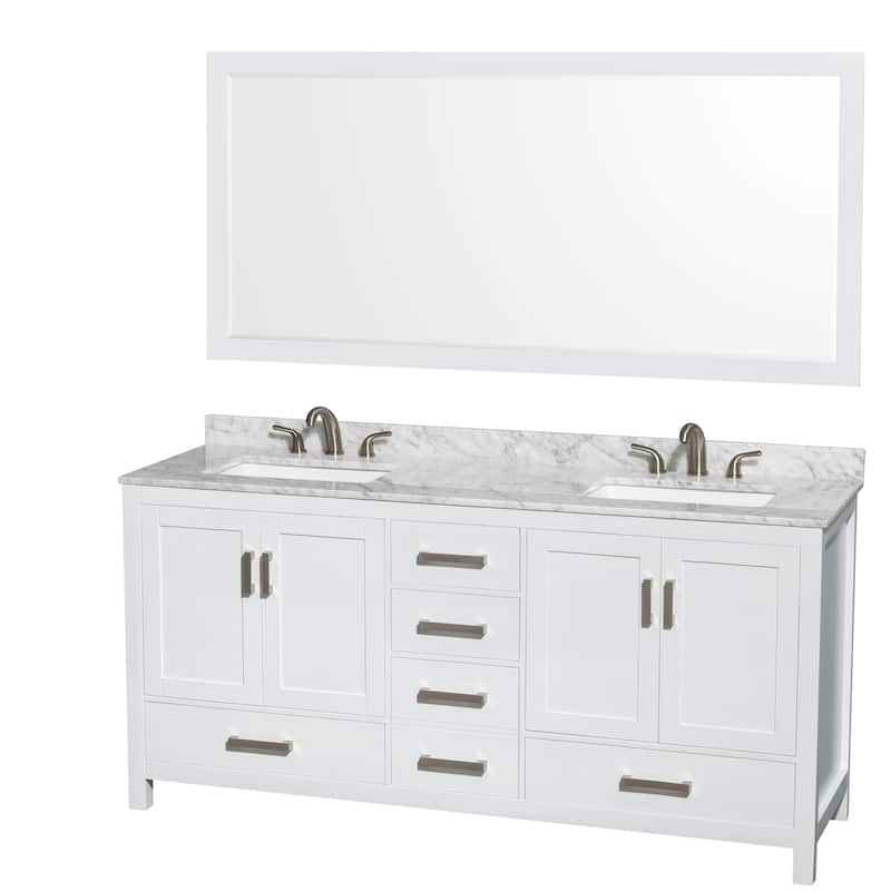Sheffield 72-Inch DBL Vanity,Marble Top,3-Hole Sqr. Sinks,70-Inch Mrr. - Chrome Finish - White - Double Vanities