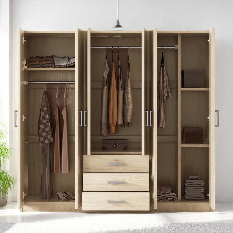 Modern 6-Door Wooden Wardrobe Armoire with Shelves, Drawers, and Locking Storage for Bedroom Use