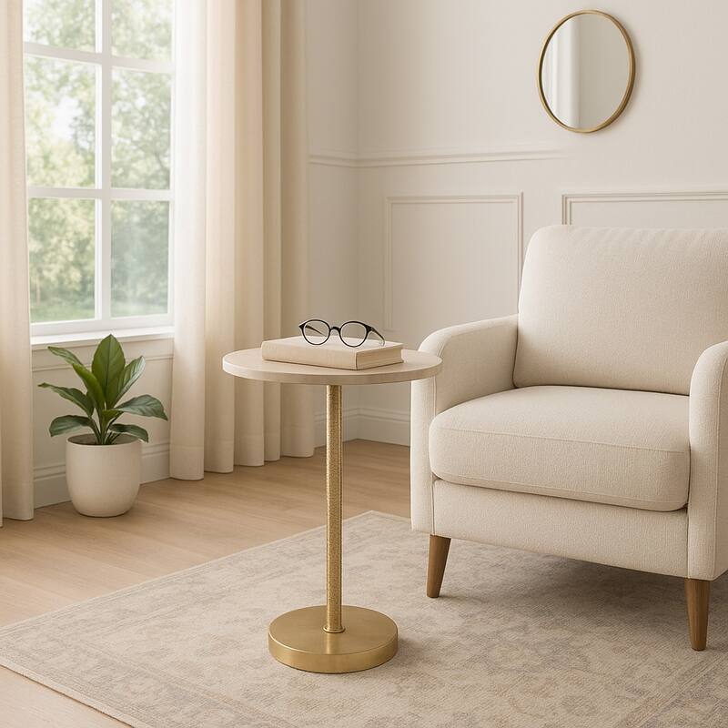 Marble Top Side and End Table with Pedestal Base - 25", Ivory & Gold