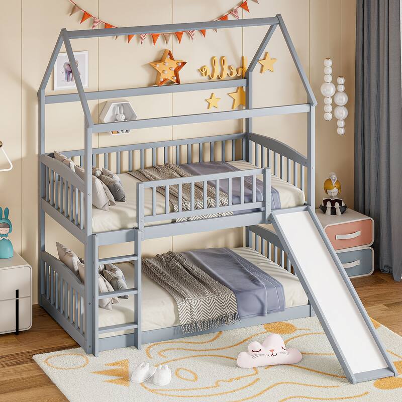 Merax House Twin over Twin Bunk Bed with Slide for Kids - Grey