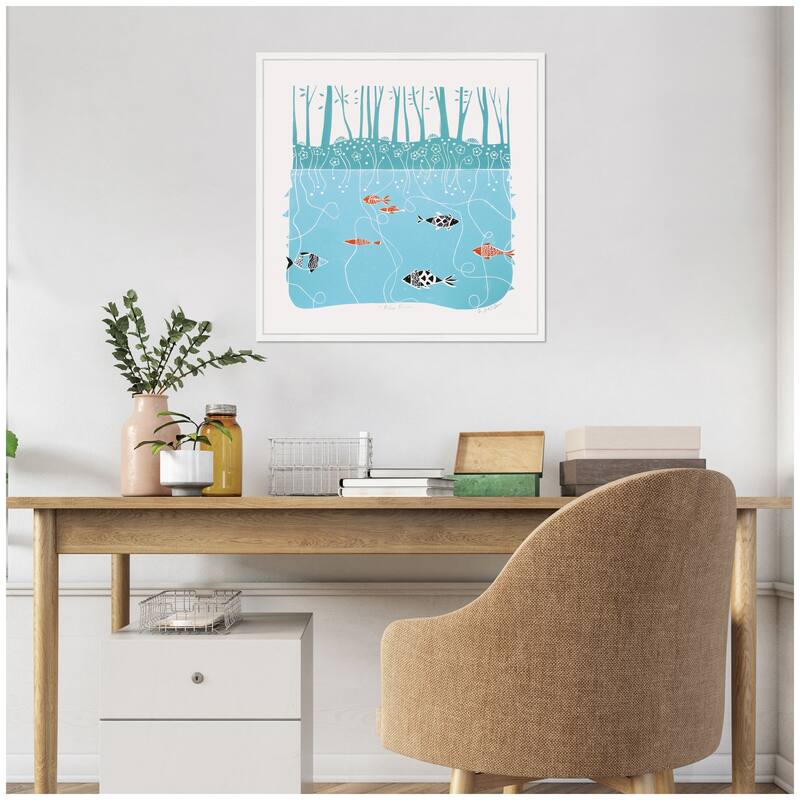 Kate and Laurel Sylvie Coastal Blue River Linocut Framed Canvas by Giuliana Lazzerini
