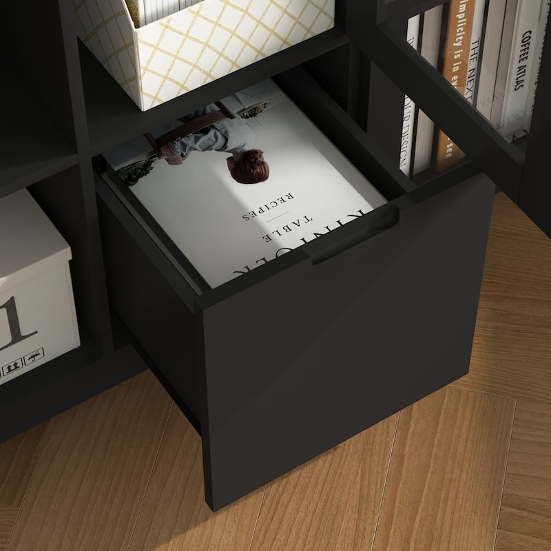 Black Multipurpose Storage Cabinet with Glass Doors Adjustable Shelf Drawer Kitchen Home Office Organizer - N/A