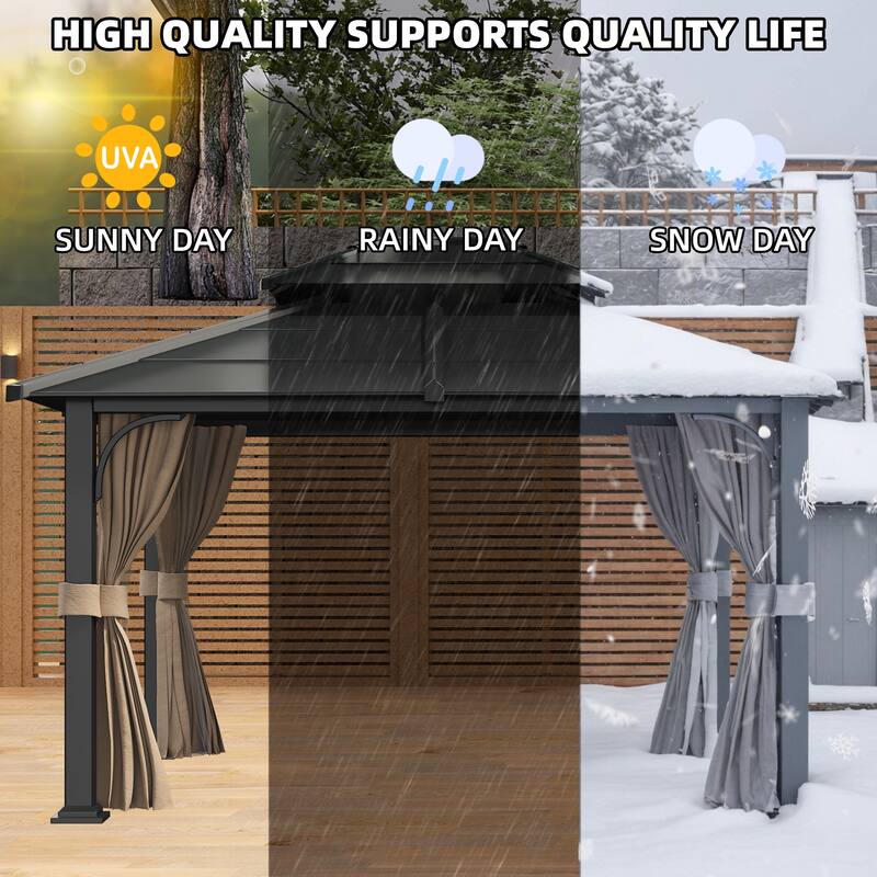 EROMMY Anti-Rust Coating Iron Hardtop Sun Shade Shelter Outdoor Canopy & Pergolas w/Curtains and Netting