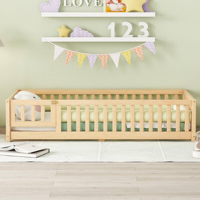 Pine Wood Floor Bed with Safety Guardrails and Door for Kids
