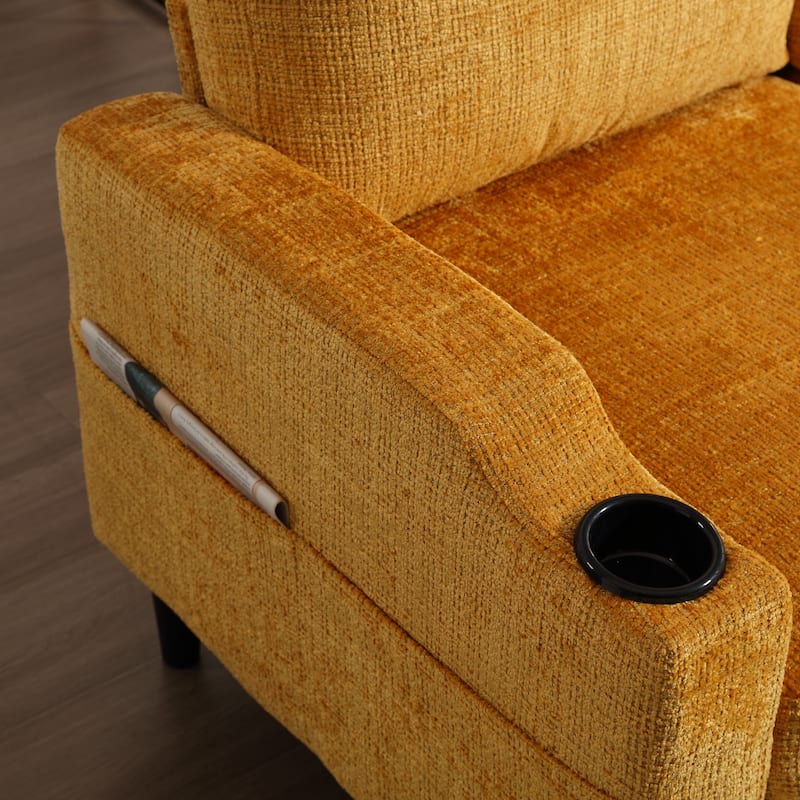 Modular Sectional Sofa with Storage Ottoman, Comfy Chenille Fabric Sofa, 3-Seater Sofa with Side Pockets & 2 Cup Holders