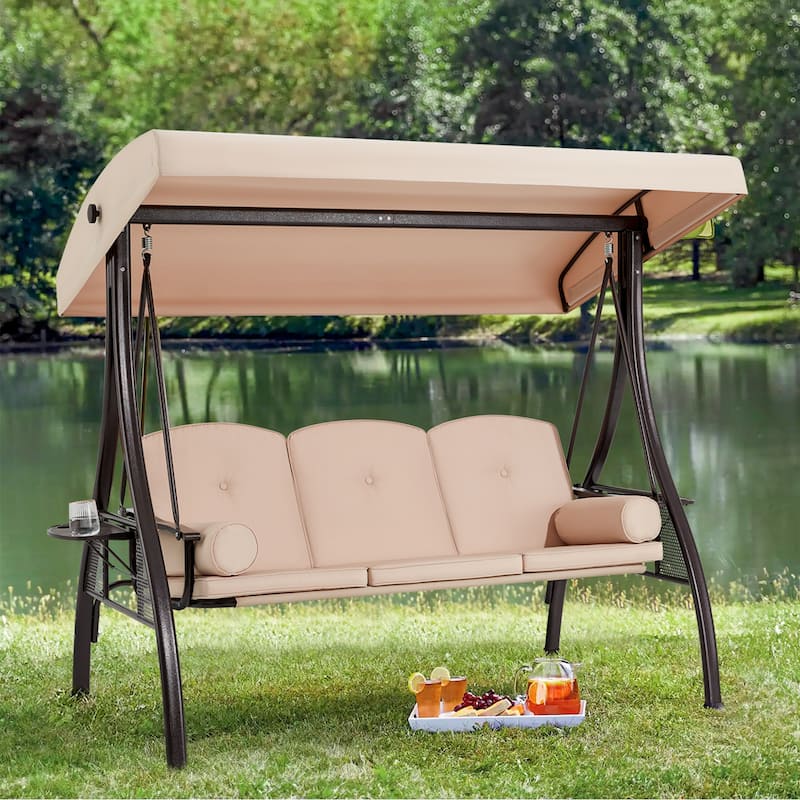 3-Seat Patio Swing with Adjustable Canopy, 750lbs Heavy Duty, Convertible Outdoor Bed, All-Weather, Cup Holders & Thick Cushions