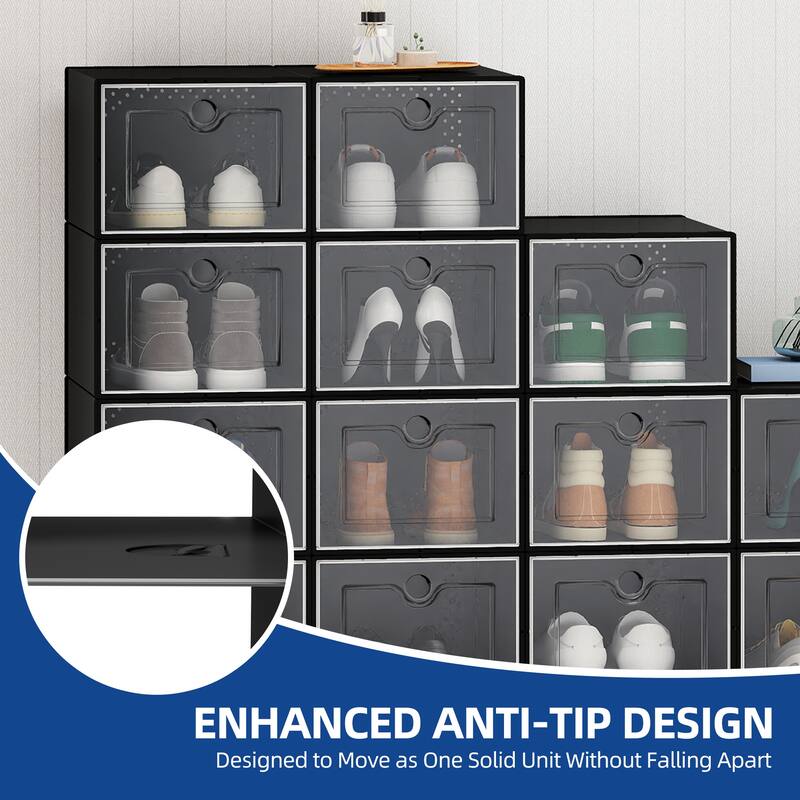 Moasis Shoe Organizer Box, 12/18/24 PCS Medium/ Large Shoe Storage Stackable Shoe Box Rack Containers Drawers