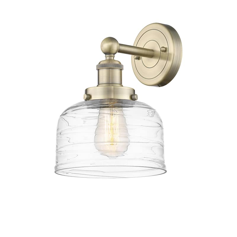 Innovations Lighting 616-1W-10-7-L Bell Sconce Bell 10" Tall Wall - Antique Brass / Clear Deco Swirl