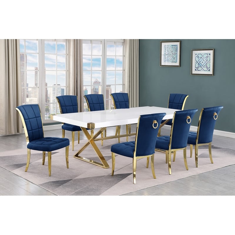 Best Quality Furniture D442/3-SC320-7 Dining Set with 94" White Lacquer Wood Top