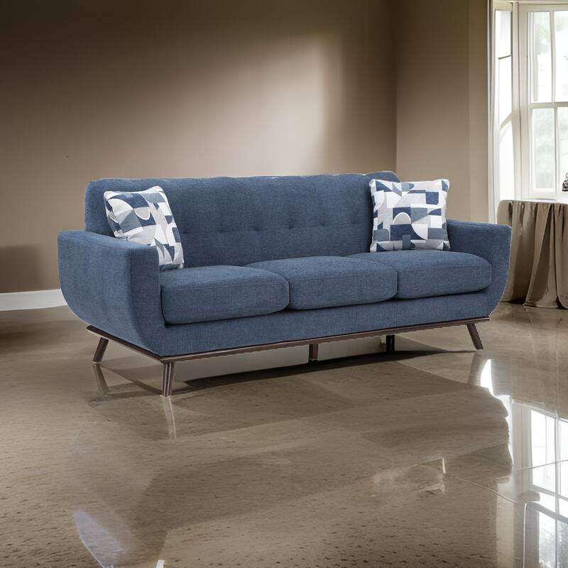 Keto 87 Inch Sofa, Blue Chenille, 2 Throw Pillows, Brown Solid Wood