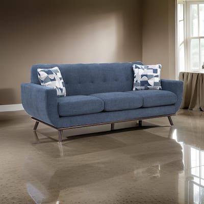 Keto 87 Inch Sofa, Blue Chenille, 2 Throw Pillows, Brown Solid Wood