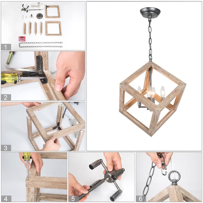 Loby Farmhouse Solid Wood Chandelier 4-light Rustic Geomerical Island Pendant Lights - D15.5 "x H 18"