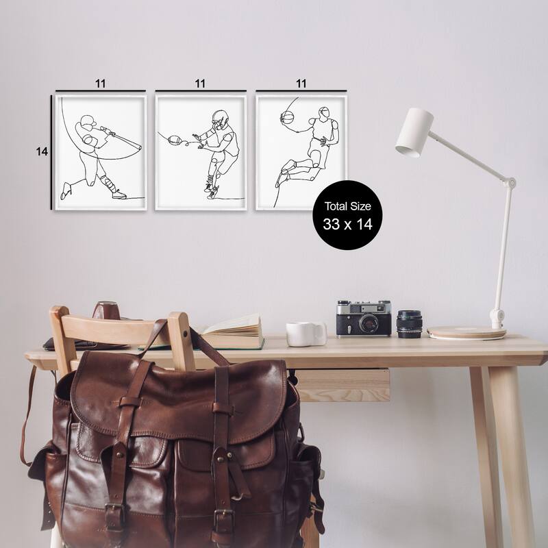 Stupell Simple Line Doodle People Playing Sports Baseball Football Basketball Framed 3 Piece Wall Art - Black