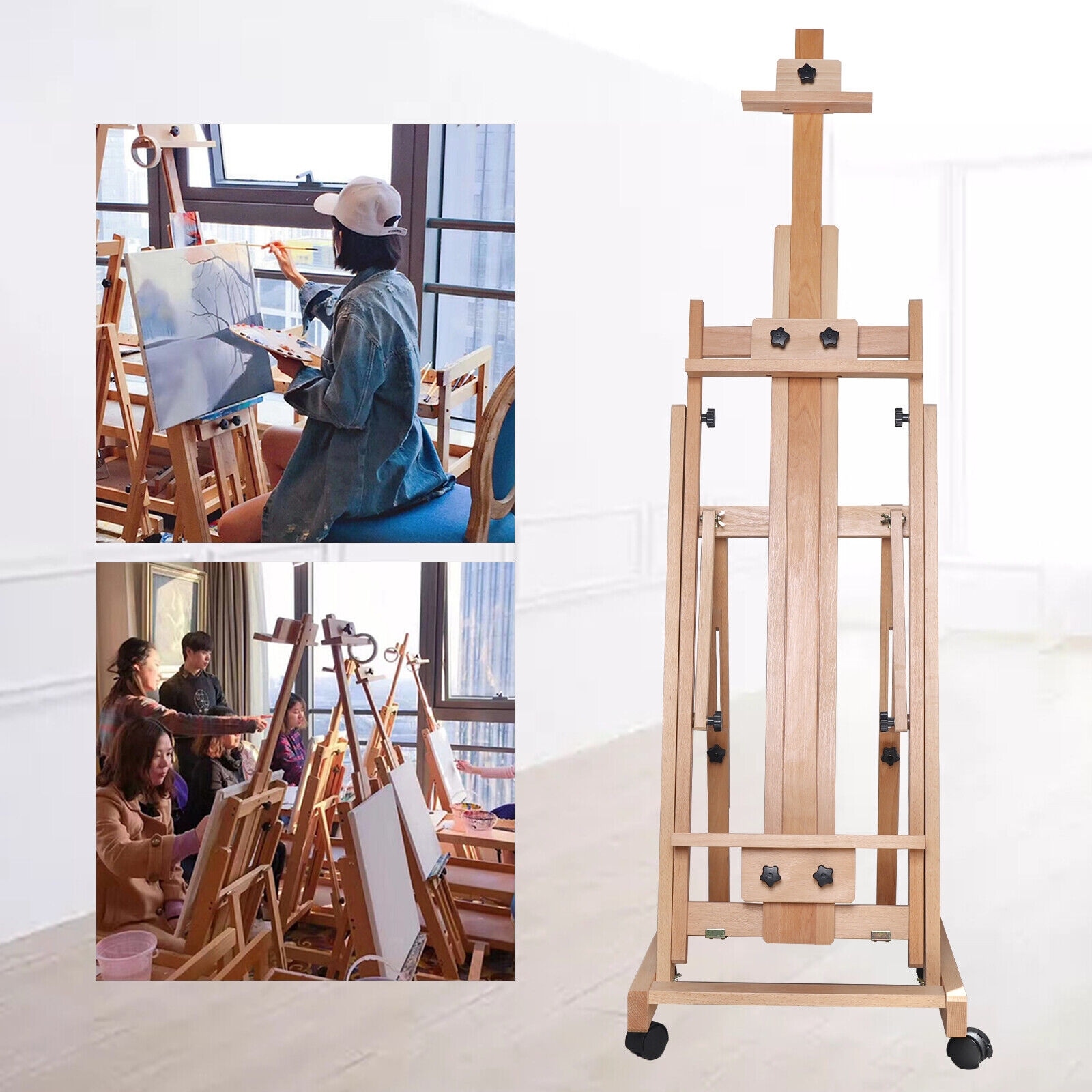 Adjustable H Frame Easel Professional Artist Easel with Wheels - Wood Color