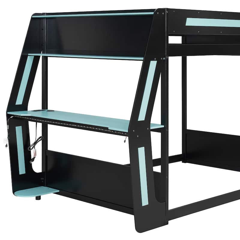 Esports Loft Bed Full Over Full Bunk Bed Frame with Side Mounted Desk, Light Strip, Charging Station and Cable Grommet