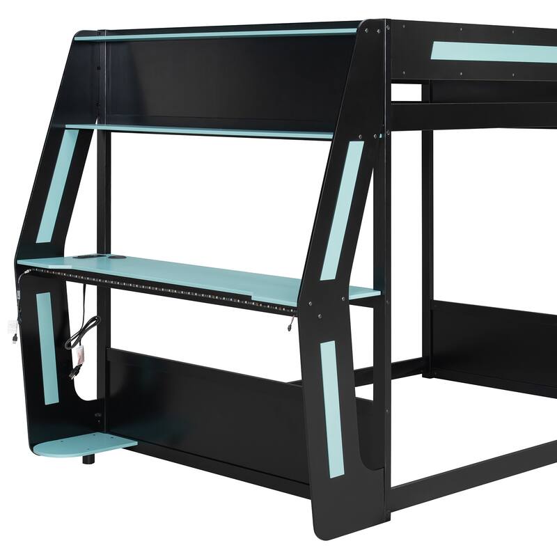 Full-Size Gaming Bunk Bed with RGB Desk, USB Charging & LED Light Strip by Harper&Bright Designs