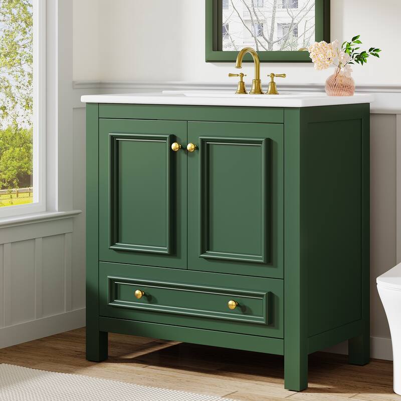 30 Inches Modern Bathroom Vanity Cabinet with Ceramic Basin & 1 Drawer