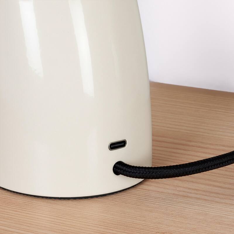 Vino LED 7.95 in Glossy Cream Midcentury Round Globe Dimmable Bedside Nightstand Desk Lamp with Fast Charging USB-C Port