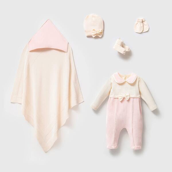 slide 1 of 1, Newborn Baby Girl Homecoming Outfit - Knitwear with Linen Details - 5 Pcs