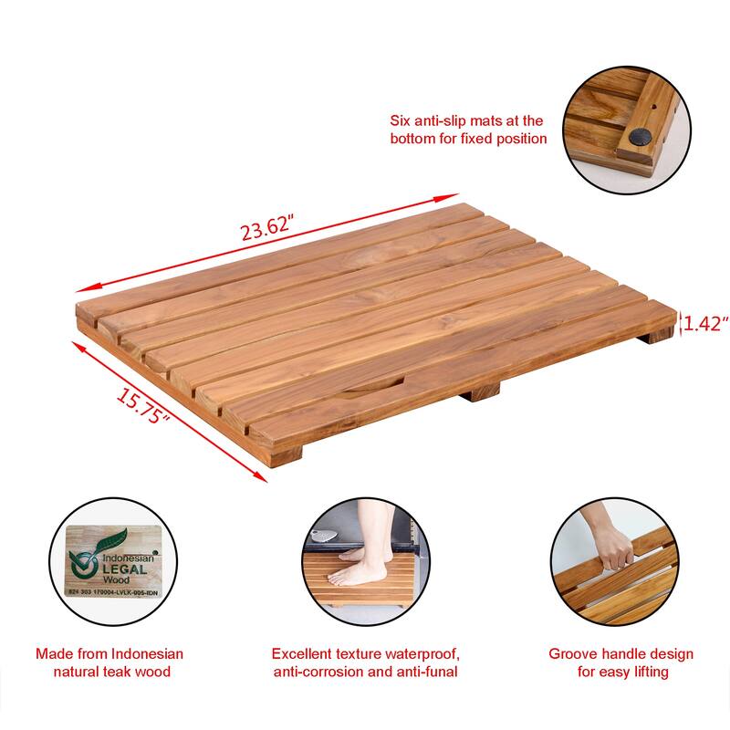 Solid Teak Wood Bathroom Shower Mat Bathroom Anti-Slip Mat For Bathroom, Outdoor "L23.6-W15.7"