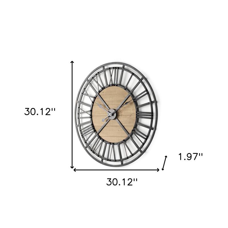 HomeRoots 30" Black And Natural Iron And Wood Analog Round Wall Clock - 30.12 in. x 30.12 in. x 1.97 in.