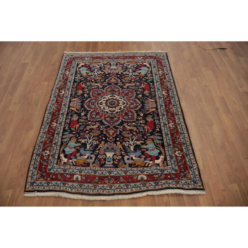 Hand Knotted Oriental 100% Wool Carpet Traditional Floral Navy Blue & Blues Kashan Area Rug - 4' 11'' X 3' 6''
