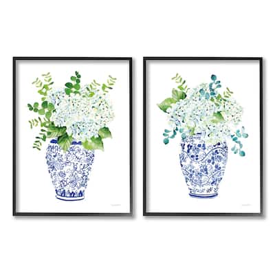 Stupell Blue Floral Bouquets Lush Green Botanicals Ornate Pot 2pc Multi Piece Framed Wall Art Set