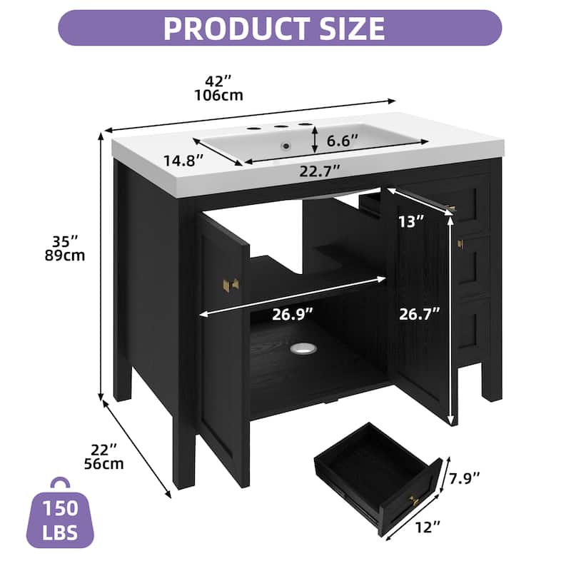 Moasis 36"/42" Bathroom Vanity with Sink Set and 2 Soft-Closing Doors & 3 Drawers - 42 Inch - Black