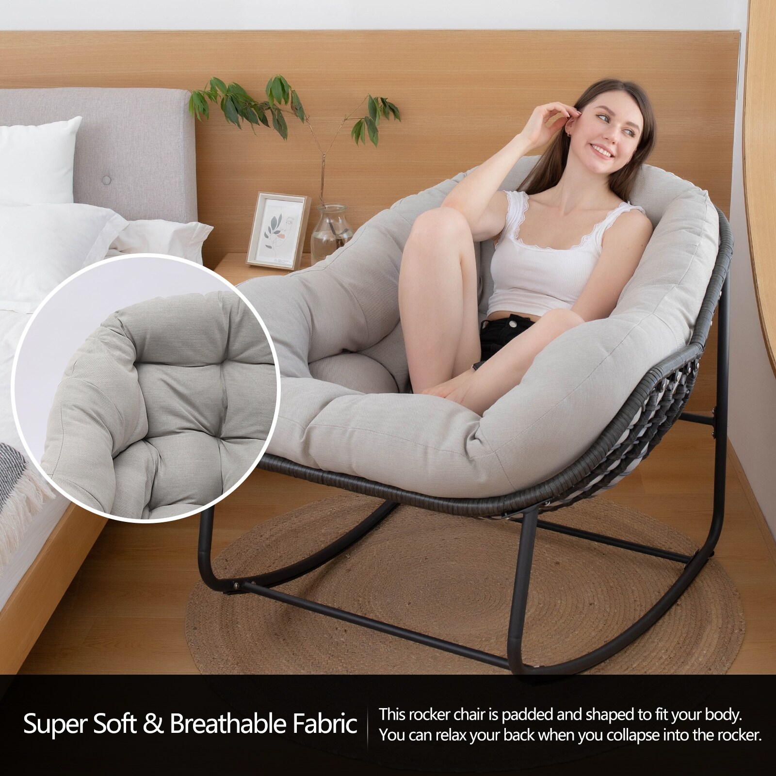 38 Rocking Chair with Staple Fiber and Dark Grey Flat Vine for