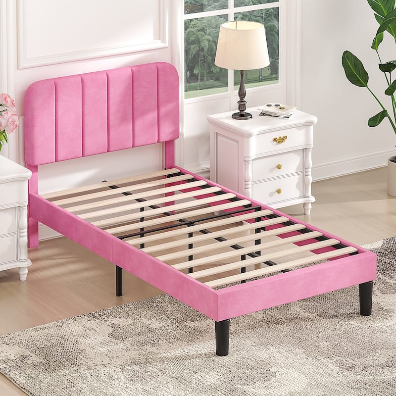 VECELO Velvet Upholstered Bed Frame with Vertical Channel Tufted Headboard, Adjustable Headboard, Wooden Slats Support